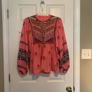 Oliphant Kaftan Santa Fe Pink embroidered blouse Medium.